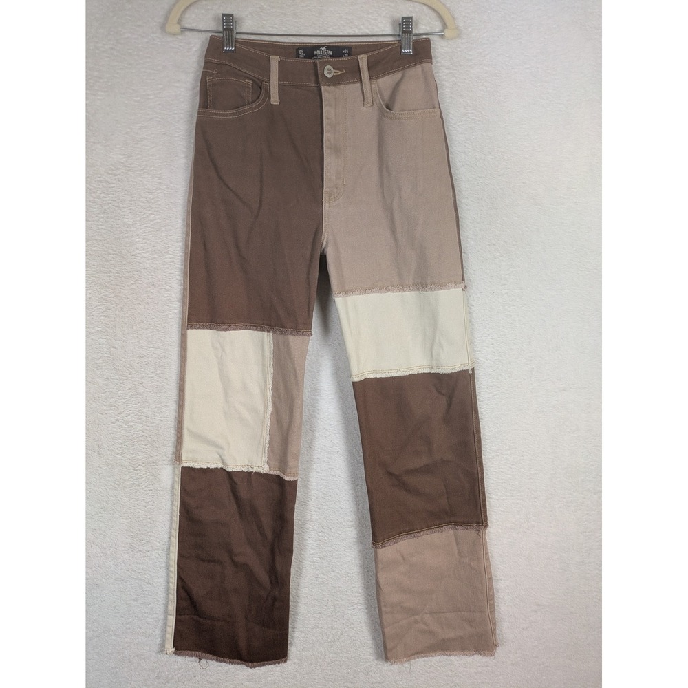 Hollister Dad Jeans Women's 0S W24 L29 Brown Patchwork Ultra High-Rise Raw Hem